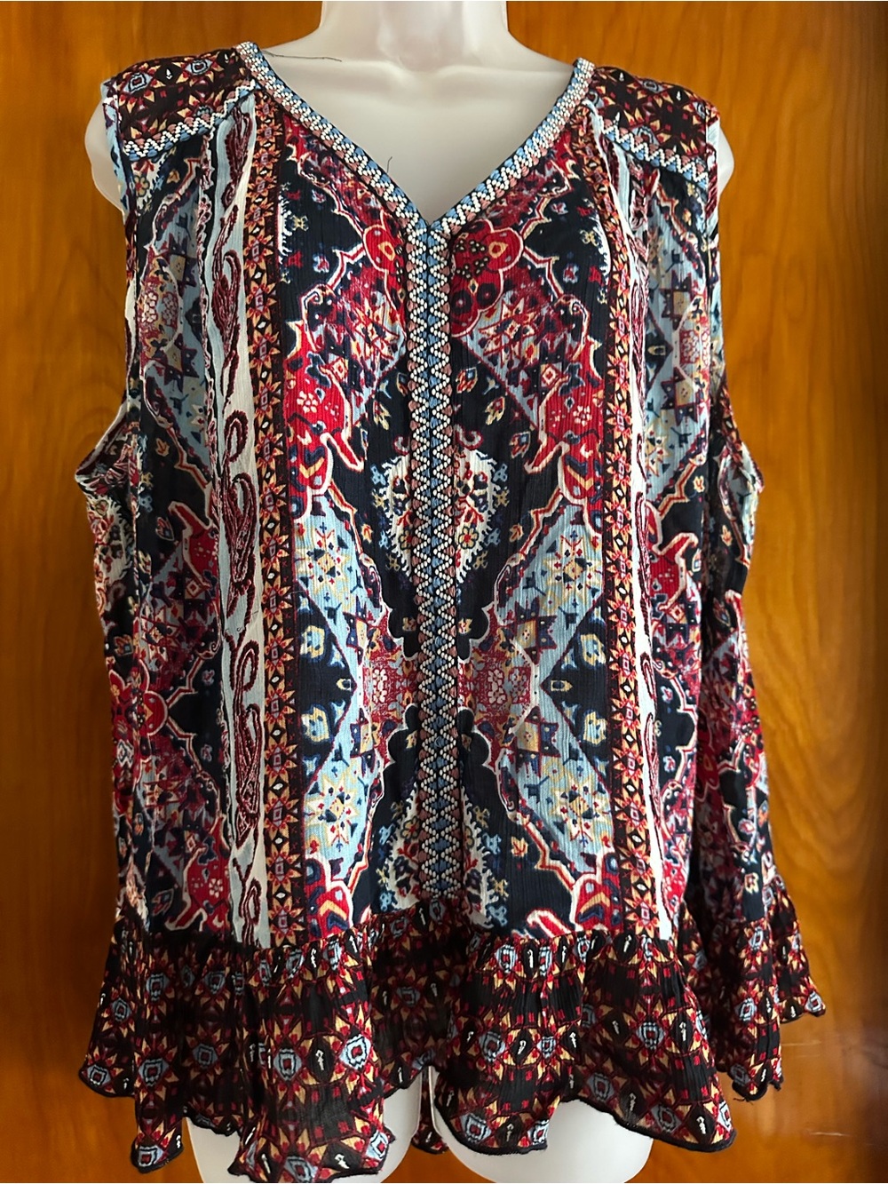 Bila Multicolor Paisley & Geometric V-Neck Tank - Navy, Red, Light Blue